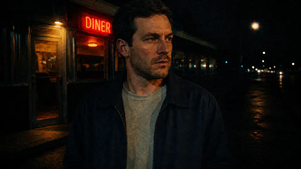 Same night diner portrait with a dark Cinestill analog film treatment