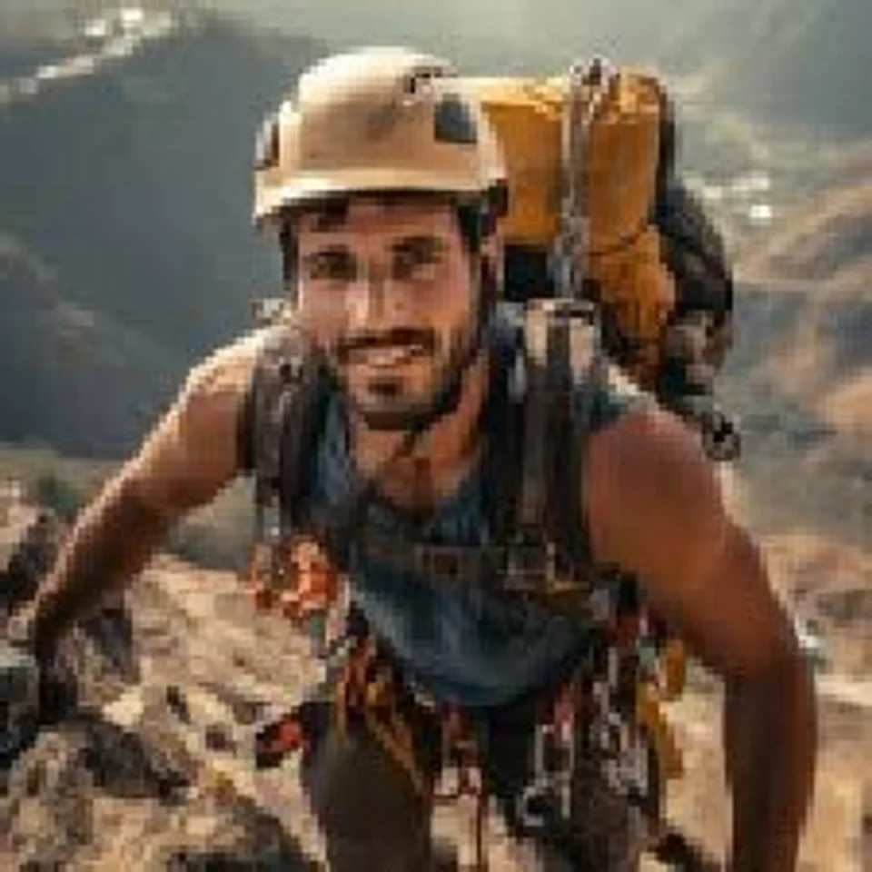 Tiny blurred thumbnail of a climber on a mountain ridge