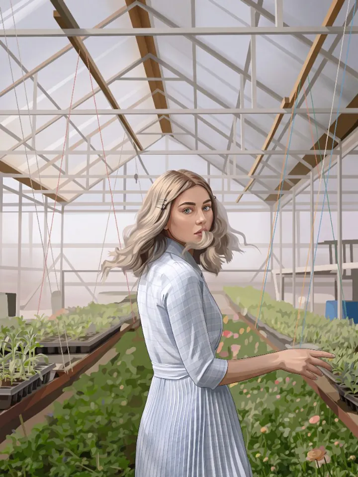Same greenhouse portrait rendered as clean digital art