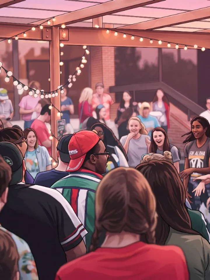 Same patio crowd rendered as a cinematic game-art illustration