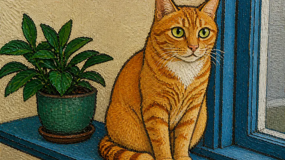 Same ginger cat and windowsill rendered as a thick naive folk-art painting