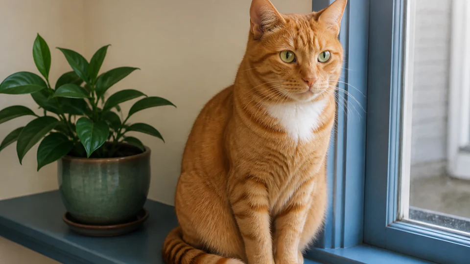 Ginger cat on a blue windowsill before naive art styling