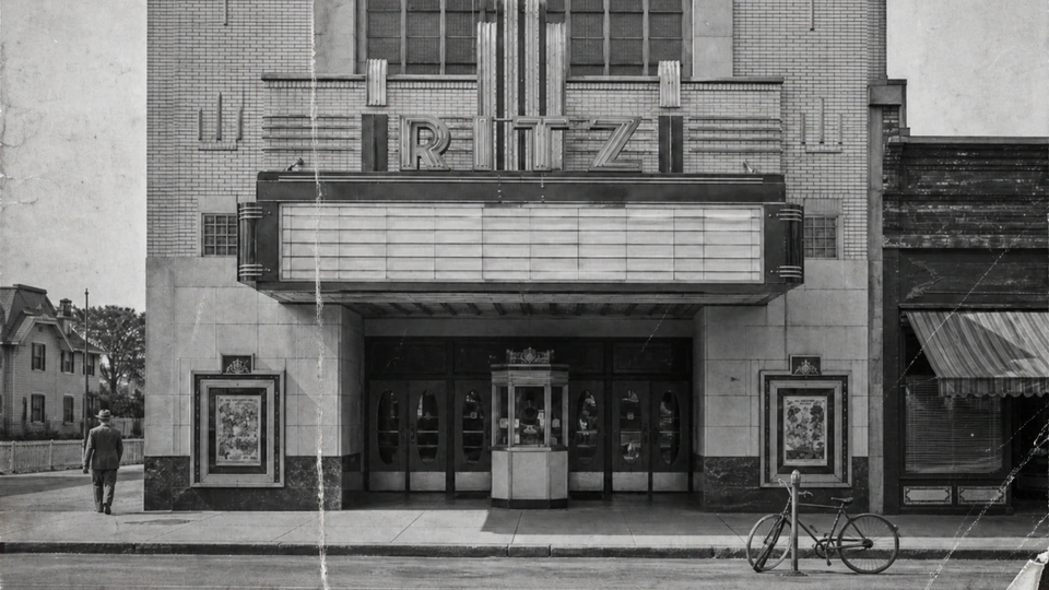 Scratched black-and-white cinema photograph before restoration