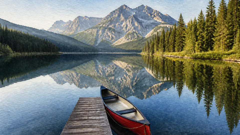 Same mountain lake and canoe rendered as a traditional watercolor